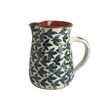 Red faience pitcher, green leaves pattern